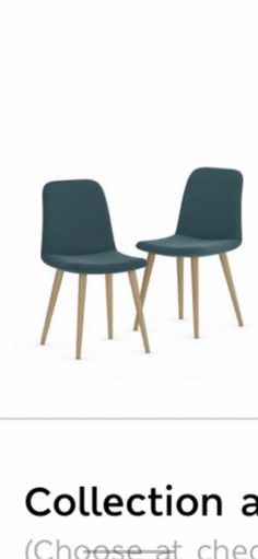 two blue chairs sitting next to each other on top of a white background with the words collection and choose at checkout