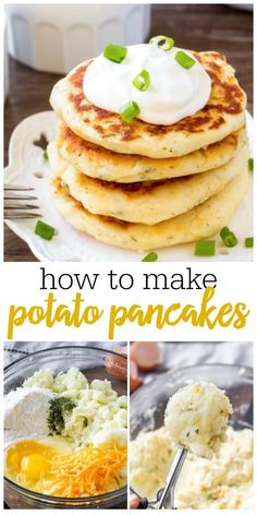 how to make potato pancakes with cream cheese and sour cream on top, then topped with green onions