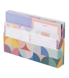 a multicolored file folder with two dividers on the front and one side