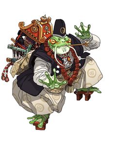 a cartoon character dressed as a witch with lots of stuff on his head and hands