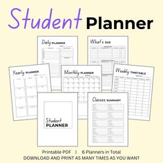 the printable student planner is shown in five different colors and sizes, including one for each