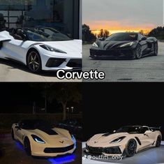 two different sports cars side by side with the words corvette on them and one is white