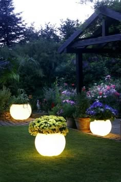 two white vases with flowers in them on the grass