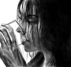 a drawing of a woman drinking from a cup with her hands on the side of her face