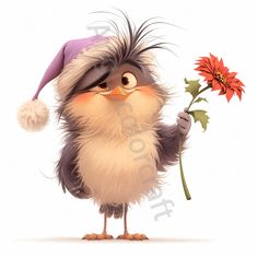 a cartoon bird holding a flower and wearing a santa hat