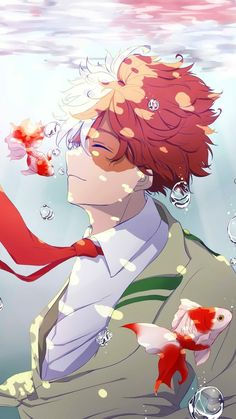 an anime character with red hair holding a fish in his hand and wearing a tie