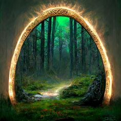 an arch in the middle of a forest with light coming from it's sides