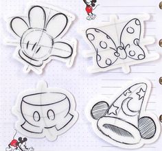 four stickers with mickey mouse and other cartoon characters on them, all in black and white