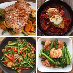 four different pictures of food including shrimp, asparagus and carrots