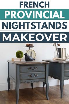 Check out this french provincial nightstands makeover with french blue furniture paint. This color has a light and airy feel, perfect for brightening up a bedroom. French Blue Furniture, French Provincial Nightstand Makeover, Nightstands Makeover, Blue Furniture Paint, French Provincial Nightstands, Distressing Chalk Paint, Blue Painted Furniture, Weathered Wood Finish, Nightstand Makeover