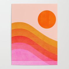 an orange and pink painting with the sun in the sky above it on a white wall