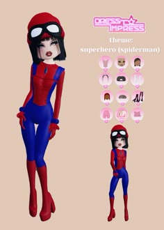 an image of a female spidergirl character with different facial expressions and body parts, including the