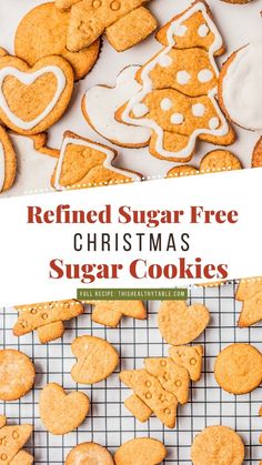 homemade christmas sugar cookies on a cooling rack with text overlay that reads refried sugar free christmas sugar cookies