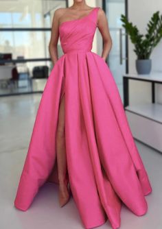 [$132.00] A-line Sleeveless One-Shoulder Long/Floor-Length Satin Prom Dress With Split Ruffles Pockets Pink Satin Prom Dress, Formal Wedding Guests, A Line Evening Dress, Party Kleidung, A Line Prom Dresses, Gown Prom, Love Handles, Satin Prom Dress