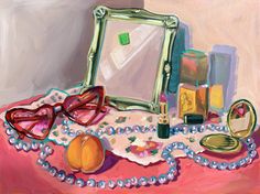 a painting of a mirror, pearls, and other items on a pink table cloth