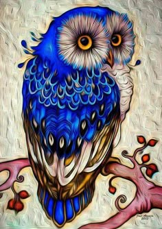 an owl sitting on top of a tree branch with blue and white colors in the background