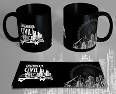 two black coffee mugs sitting next to each other on top of a table in front of a cityscape