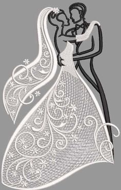 an embroidery design of a bride and groom dancing