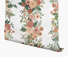 a floral wallpaper with pink, orange and green flowers on white background is featured in this image