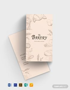 the bakery menu template is shown on top of two folded paper sheets, with an image of