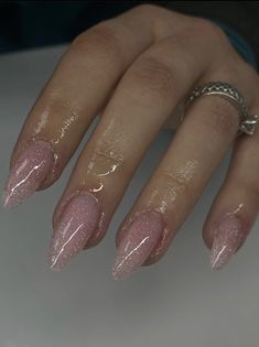 Glittery Classy Nails, Clear With Sparkle Nails, Sheer Sparkly Pink Nails, Glossy Glitter Nails, Pink Glittery Nails Almond, Translucent Glitter Nails, Sheer Sparkly Nails, Clear Sparkle Gel Nails, Nude Glitter Nails Almond