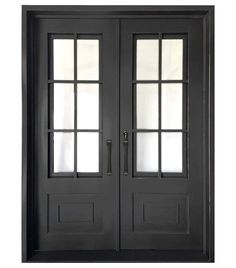 the double doors are black and have glass panels