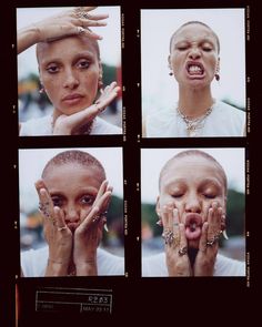 four different pictures of a woman with her hands on her face and fingers over her mouth