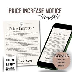 the price increase notice template is displayed next to an iphone and paper with text on it