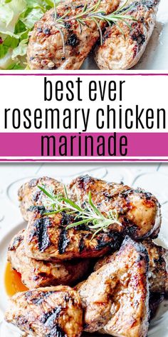 grilled chicken on a white plate with text overlay that reads 20 minute rosemary chicken