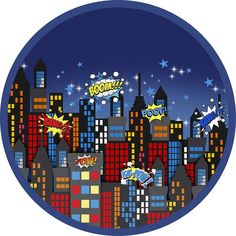 an image of a cartoon cityscape with buildings and stars in the night sky