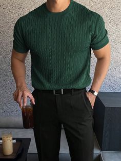 Dark Green Casual Collar Short Sleeve Fabric Plain  Embellished Slight Stretch  Men Clothing Puerto Rican Mens Fashion, Men’s Suit With T Shirt, Men Cloth Style, Italian Men Fashion Street, Rich Man Fashion, Emerald Outfit Men, Interesting Outfits Men, Men’s Date Night Style, Late 20s Mens Fashion