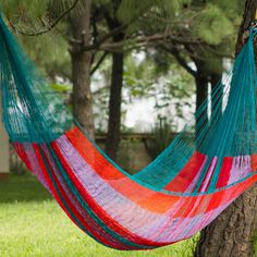 a colorful hammock hanging from a tree