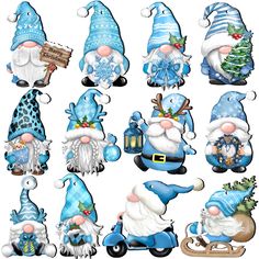 blue and white christmas gnomes with hats, scarves and sleighs