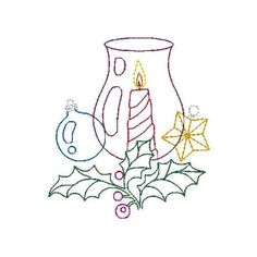 a drawing of a candle, holly and other holiday items on a white paper background