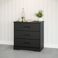 a black filing cabinet with three drawers in front of a white wall and plant on top