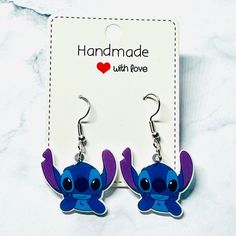 Brand New Handmade Stitch Earrings Lilo & Stitch Ellie Aesthetic, Eye Rings, Stitch Stuff, Rainbow Band, Stitch Earrings, Dainty Wedding Ring, Big Stone Ring, Trio Ring, Stitch Gift