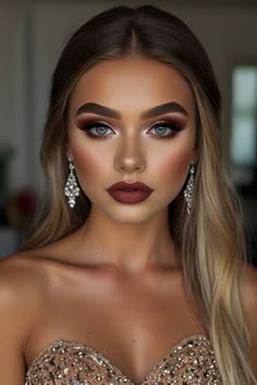 Gold Glam Makeup Looks, Dance Comp Makeup, Gold Dress Makeup, Trending Makeup Looks, Full Glam Makeup Looks, Starfall Ball, Adult Prom, Glam Bride Makeup, Competition Makeup