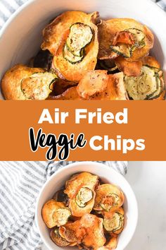 air fried veggie chips in a white bowl on a striped towel with text overlay