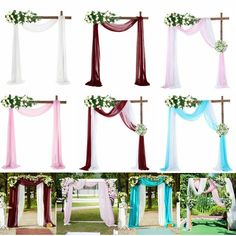 several different types of wedding archs with flowers and ribbons on the top one side