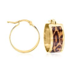 Ross-Simons - Italian Leopard-Print Enamel Hoop Earrings in 14kt Yellow Gold. 3/4". Be fierce and fun with on-trend style! This wild pair of hoop earrings make a playful statement with leopard-print enamel and polished 14kt yellow gold. Made in Italy. Hanging length is 3/4". Snap-bar, leopard-print enamel hoop earrings.