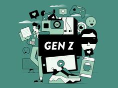 the word gen z surrounded by many different types of technology and gadgets on a green background