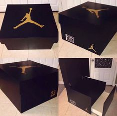 four different views of a black box with gold air jordans on it and the number twenty