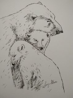 a drawing of two bears hugging each other with their head on another bear's back