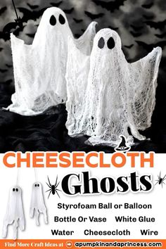 an advertisement for a halloween event with two ghost figures in front of the text, cheesecloth ghosts