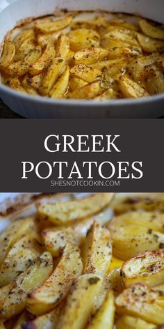 greek potato casserole in a white dish with text overlay that reads, greek potatoes