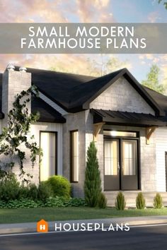 small modern farmhouse plans for the front of a house with trees and bushes around it