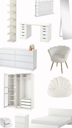 white furniture and accessories are shown in this image