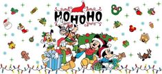 an image of mickey mouse and friends with christmas decorations on the wall in front of them