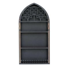 a black book shelf with wine bottles on it and an arched window above the shelves