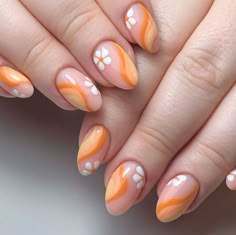 Fall Preppy Nails, Orange Nail Ideas, Summer Almond Nails, Preppy Nails, Acrylic Nails Almond Shape, Lily Nails, Teen Nails, Nails Flower, Orange Nail Designs